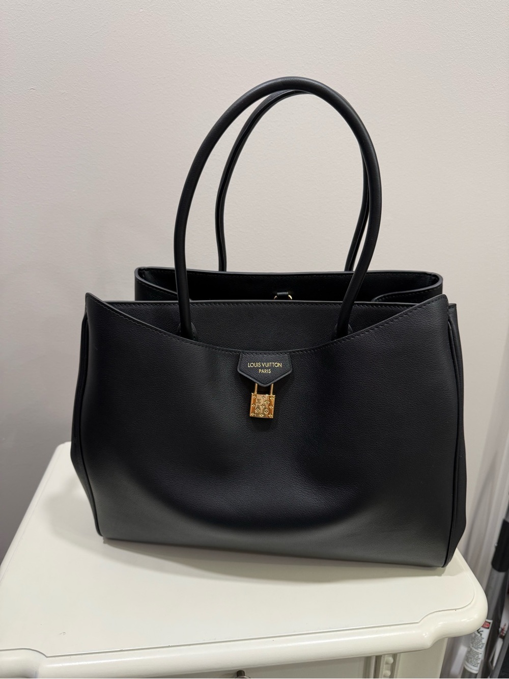 Knock Off LV Black, Real Leather Tote with Gold Padlock Accent